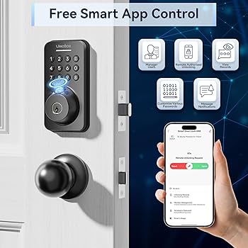 Ulecoce Fingerprint Keypad Deadbolt with Handle Set, Keyless Entry Door Lock, Door Locks for Front Door Lock Set, App Control, Auto Locking, Easy to Install, Matte Black
