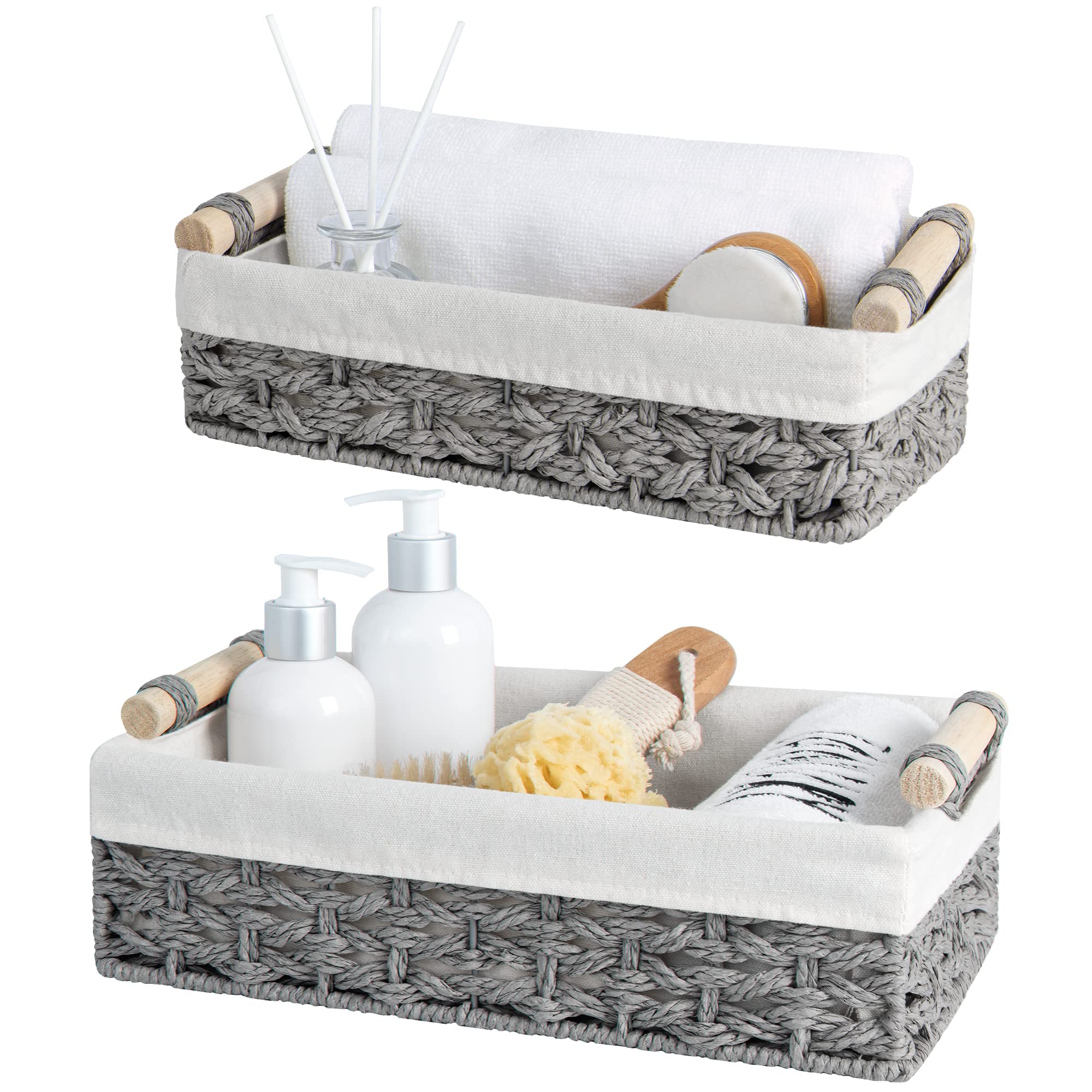 HomeHacks 2 Pack Storage Basket Paper Rope Baskets for Organizing with Handle Decorative Storage Bins for Countertop Toilet Paper Basket for Toilet Tank Top Small Baskets, Grey