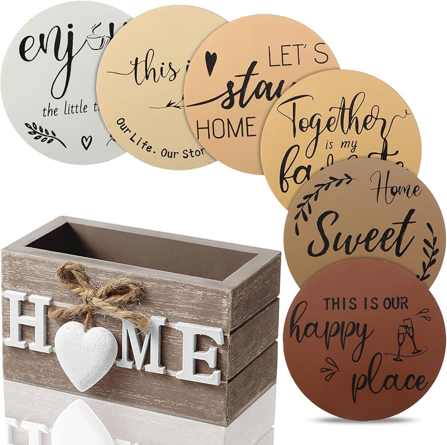 Queekay Coasters Set of 6 House Warming Gifts New Home Wooden Farmhouse Drink Coasters with Holder 4'' Funny Decoration for Kitchen Family Coffee Bar Tabletop Protection(Farmhouse Color)