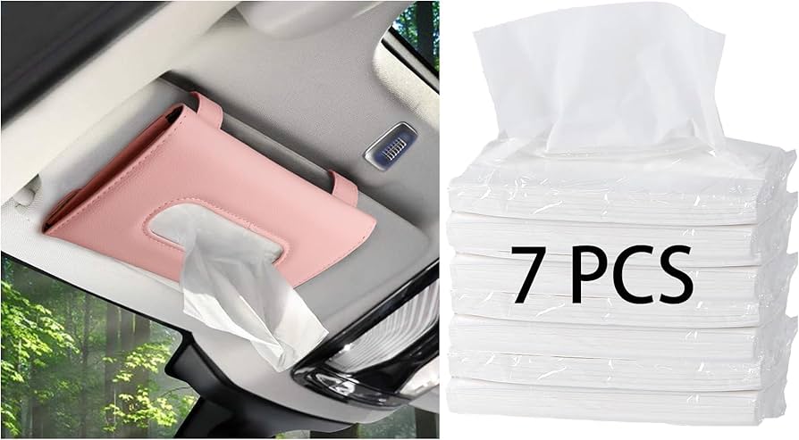 Car Tissue Holder with 7 PCS Tissue Refill, Sun Visor Napkin Holder, Car Tissue Box for Sun Visor, Paper Dispenser for Auto, Cars Case Refill Tissue, Pink Cars Accessories for Women