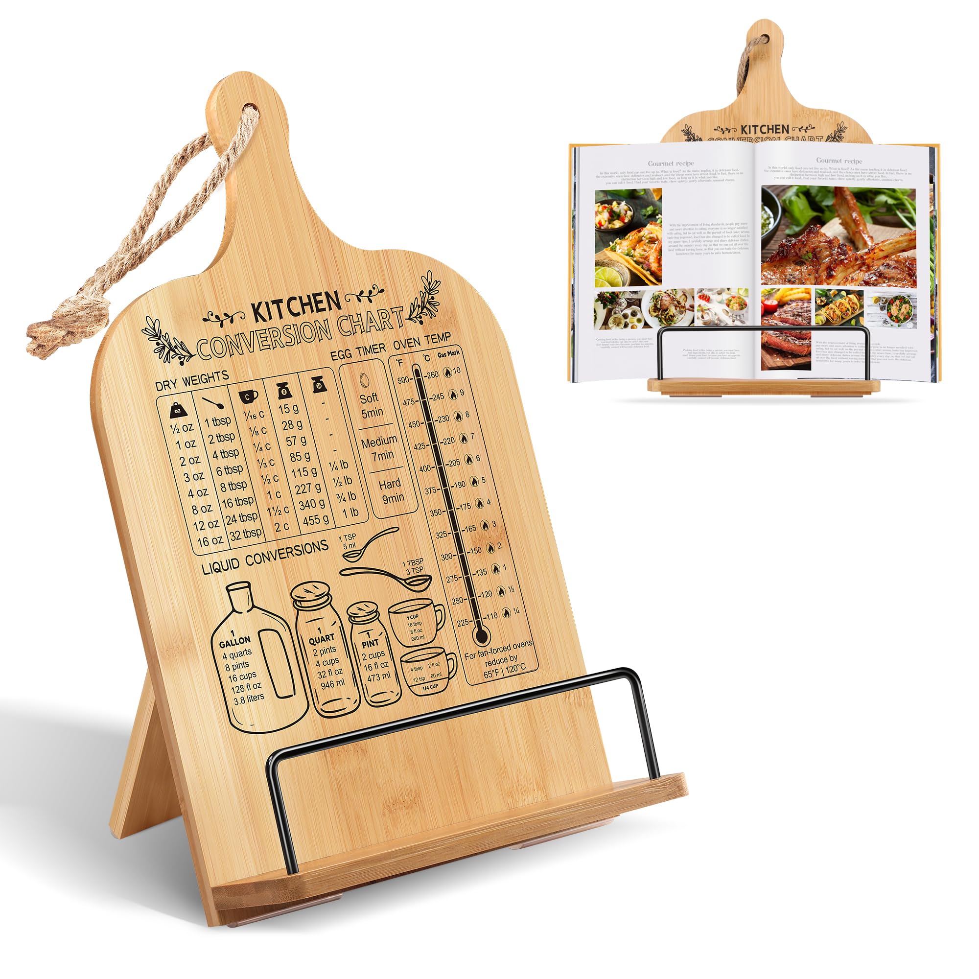 Bamboo Cookbook Stand with Measurement Conversion Chart