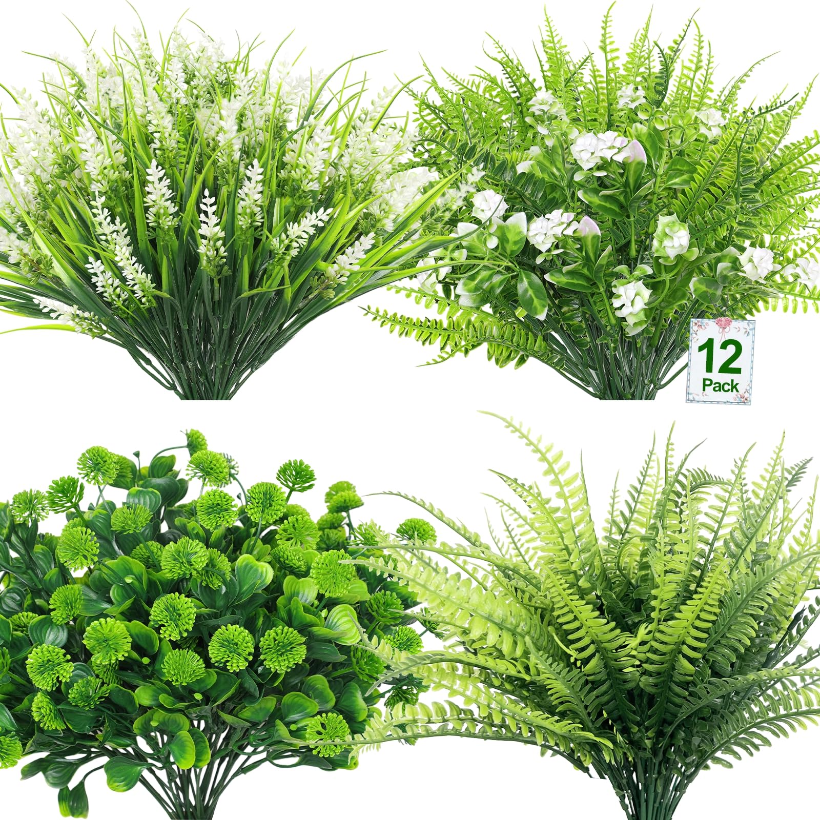 TURNMEON 12 Bundles 4 Styles Fake Plants Artificial Plants Outdoor, UV Resistant No Fade Fake Flowers Outdoor Faux Plants Boston Fern Lavender Plastic Greenery Shrubs for Outside Gardens Home Porch