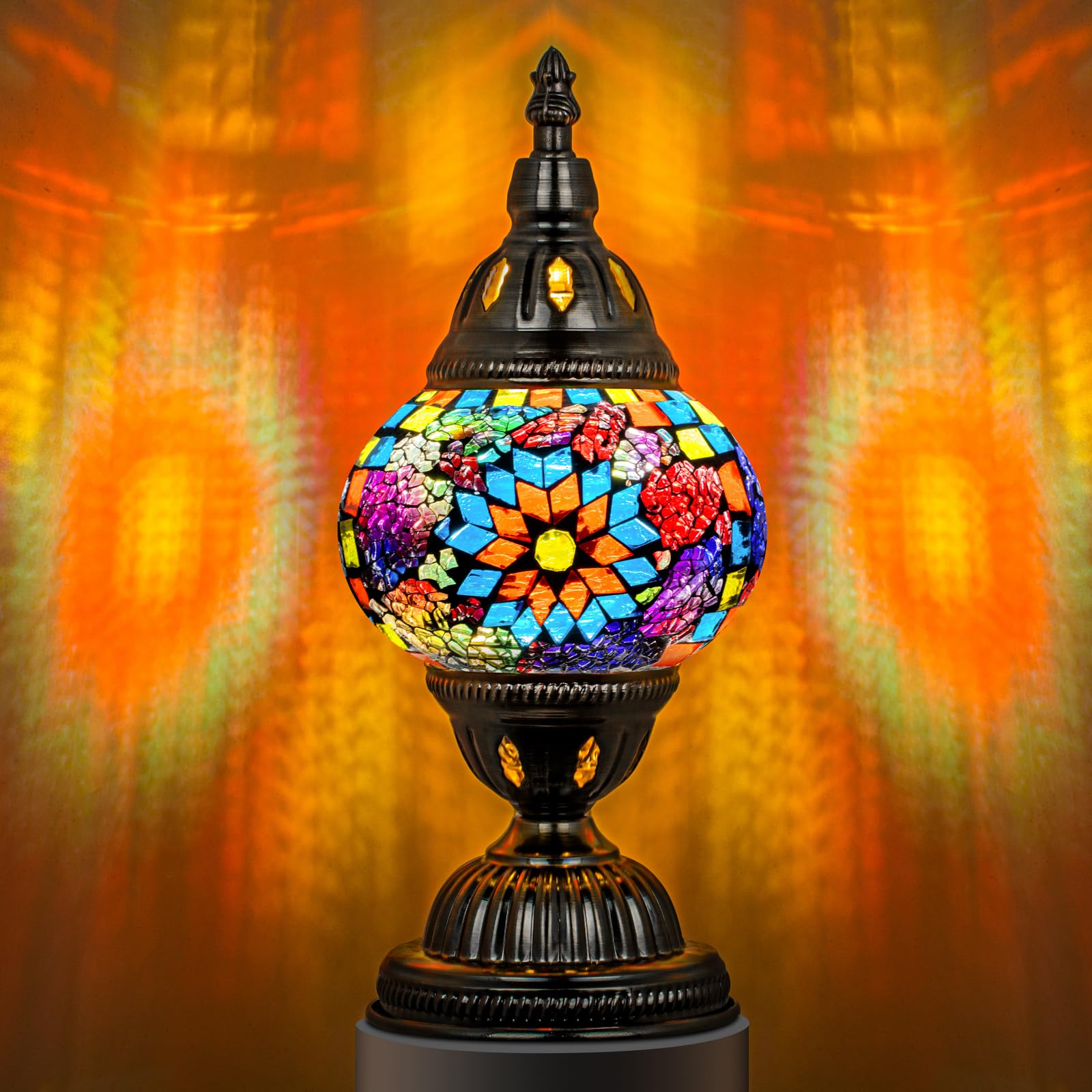 Marrakech Turkish Table Lamp with Bronze Base，Handmade Colorful Moroccan Tiffany Style Mosaic Glass Night Stand Light Fixture Including LED Bulb for Living Room Bedroom Decor (Colorful1)