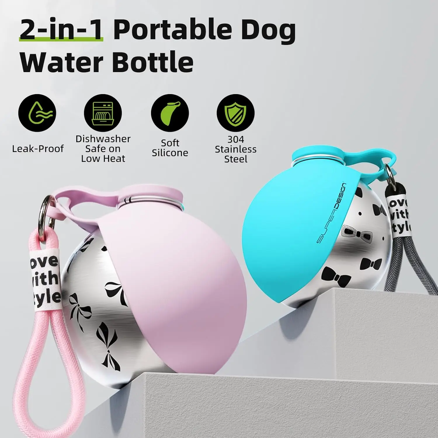 2-in-1 Portable Dog Water Bottle Stainless Steel&Silicon Leak-Proof Compact Dog Travel Water Bottle for Small Dogs
