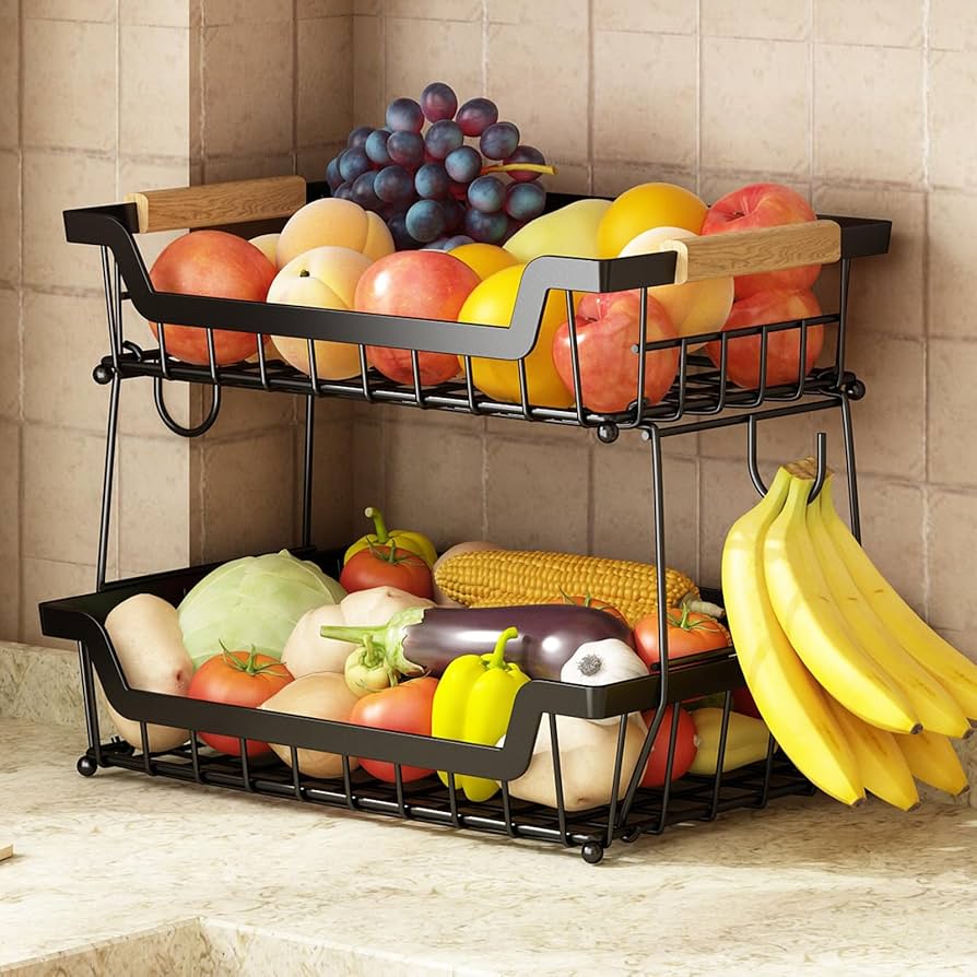 2 Tier Fruit Basket for Kitchen Counter - Detachable Metal Fruit Bowl with 2 Banana Hangers for Corner , Large Capacity Fruit Stand with Wooden Handle for Bread Fruit and Vegetable Storage