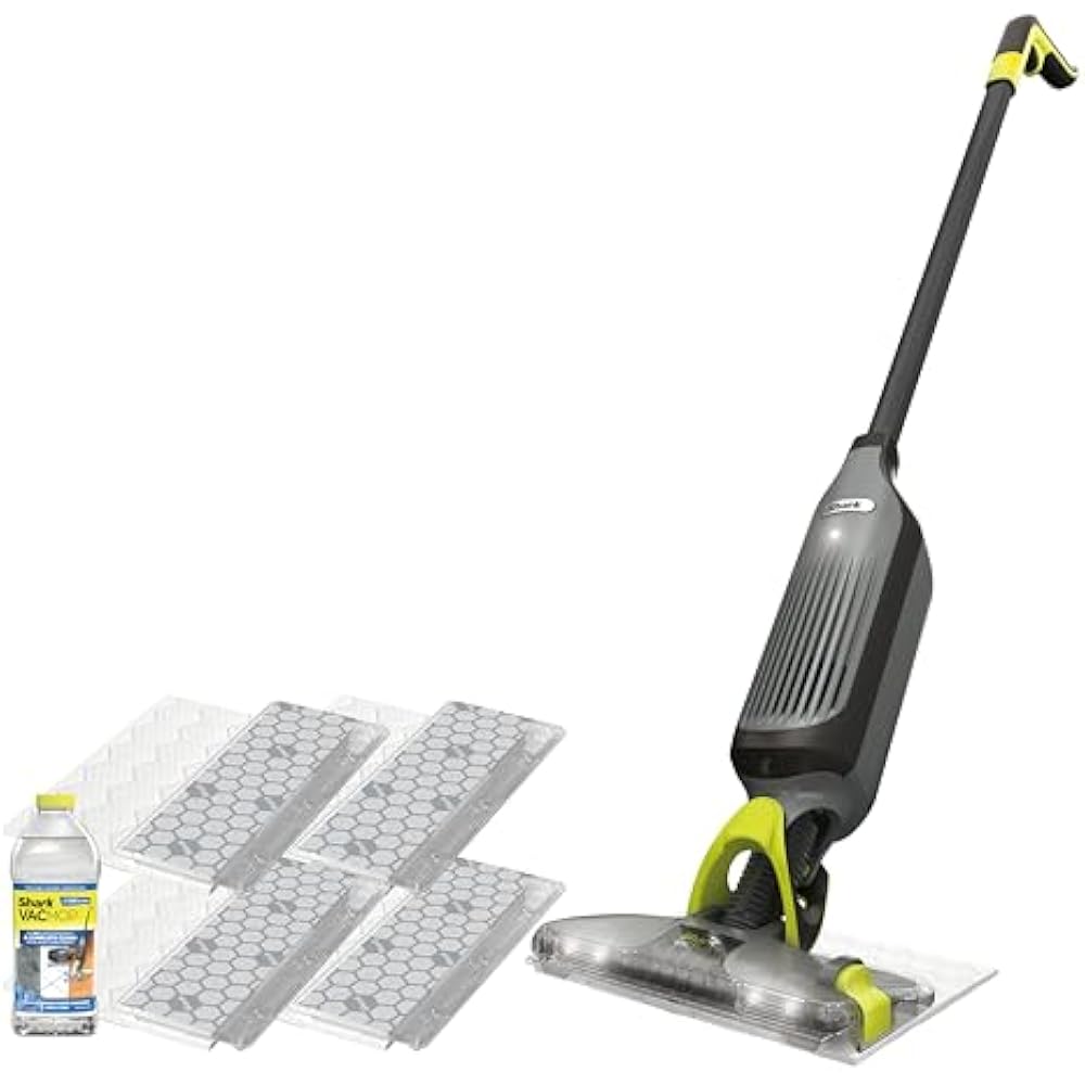 Shark VACMOP Cordless Hard Floor Cleaner, Vacuum and Spray Mop, Powerful Suction, Lightweight, LED Headlights, Includes 4 Disposable Pads, 12oz Multi-Surface Cleaning Solution, Gray, VM252