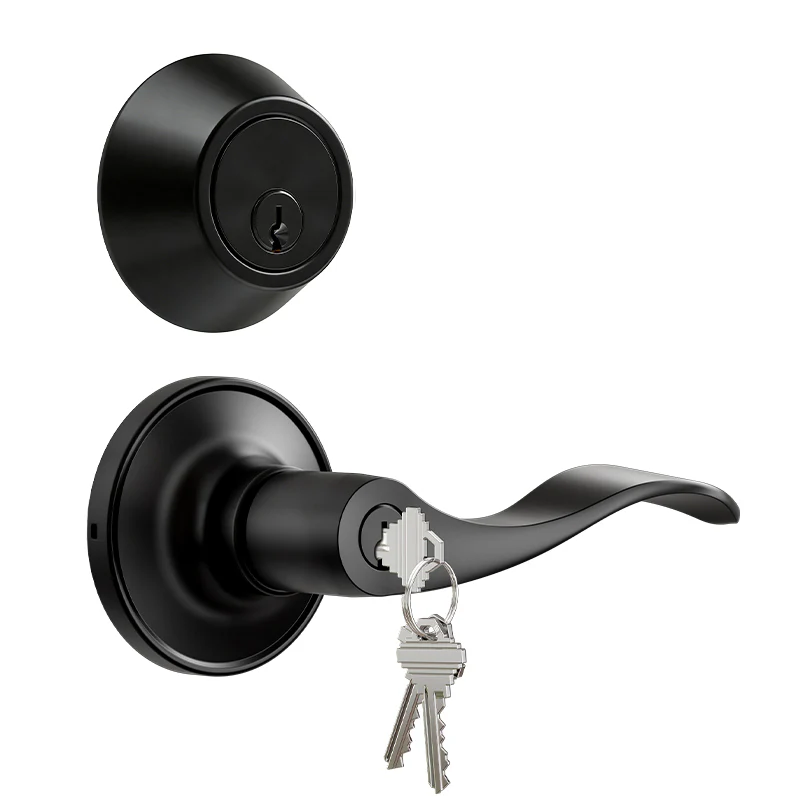 Veise Keyed Alike Front Door Handle Lock with Single Cylinder Deadbolt Combination Set, Exterior Entry Door Locksets with Deadbolt, Wave Zinc Alloy Style Lever keyed Entry Lock, Matte Black