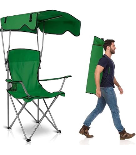 1-person Camping Chair with Canopy, Outdoor Folding Lounge Chair with Adjustable UPF 50+ Sun Shade & Cup Holder, Portable Camping Recliner for Camp Beach Outdoor Sports Sketching, 350LB Max Support