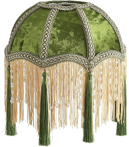 xiaojuande-Lampshade with tassels, Premium Classic Victorian, Style Bell Shape Scallop velvet top replacement lamp,9.8“Width 11.3”height(olive green)