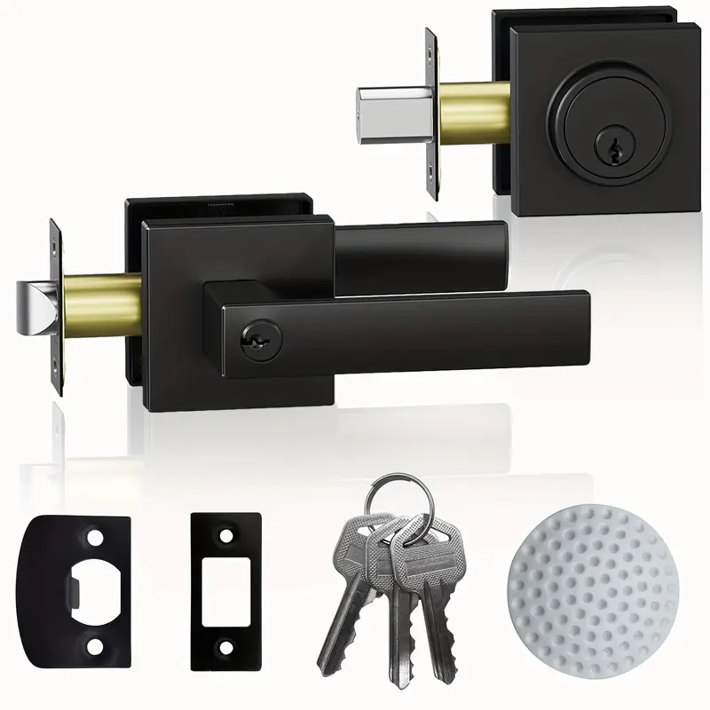 Matt Black Front Door Lockset, Exterior Door Lock with Deadbolt, Black Door Handles with Lock