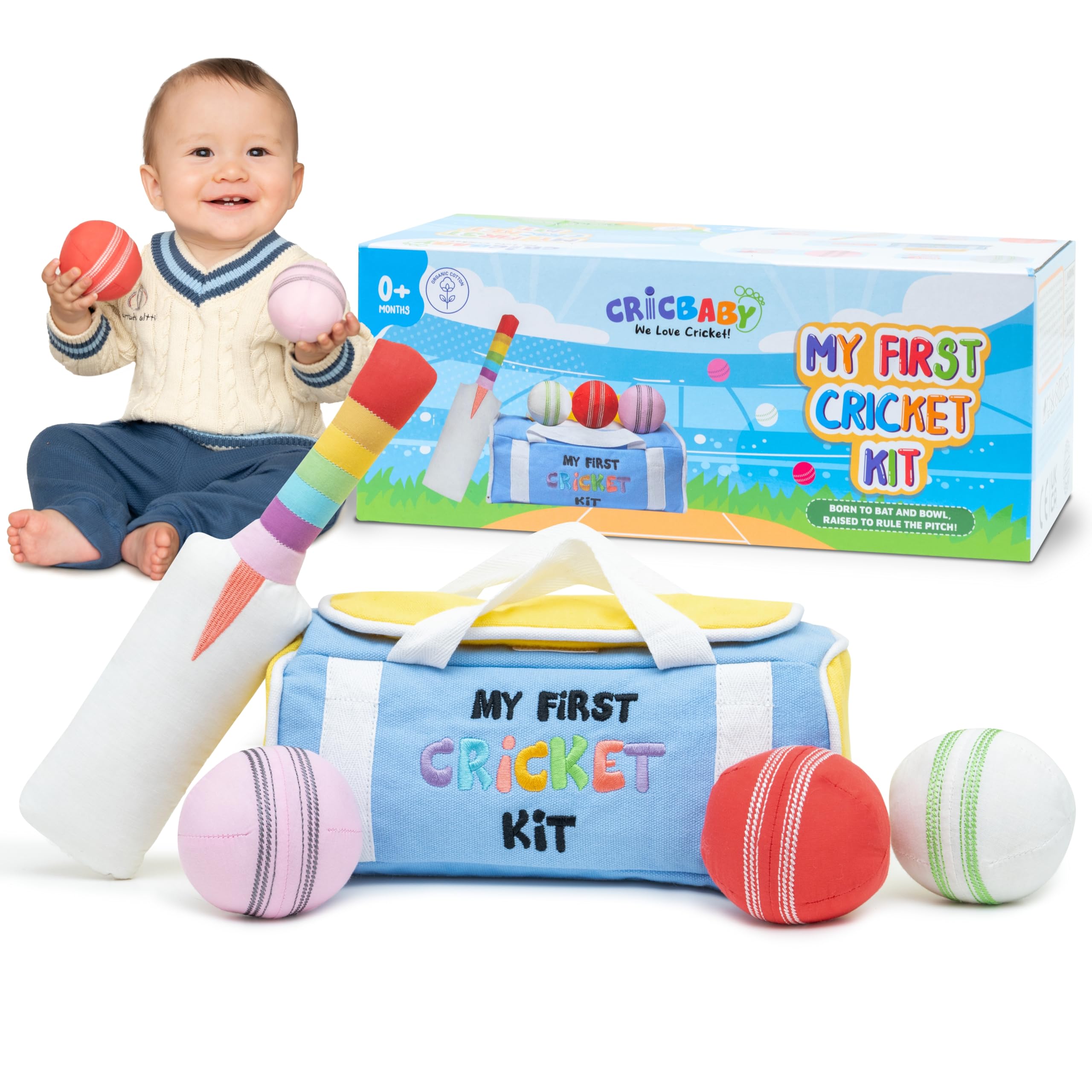 My First Cricket Kit | Mini Cotton Soft Plush Toy | Gift 0 to 18 Months Baby | 3 Soft Sensory Cricket Balls – Rattle, Crinkle, Squeaker & 1 Rainbow Rattle Cricket Bat | Safe, Fun, Educational