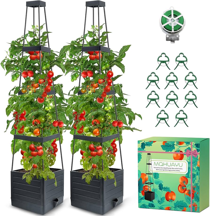 SYITCUN Tomato Planter with Trellis, 57 Inch Self-Watering Planter Box 2-Pack, Grey Planter with Metal Support for Outdoor Indoor Climbing Plants