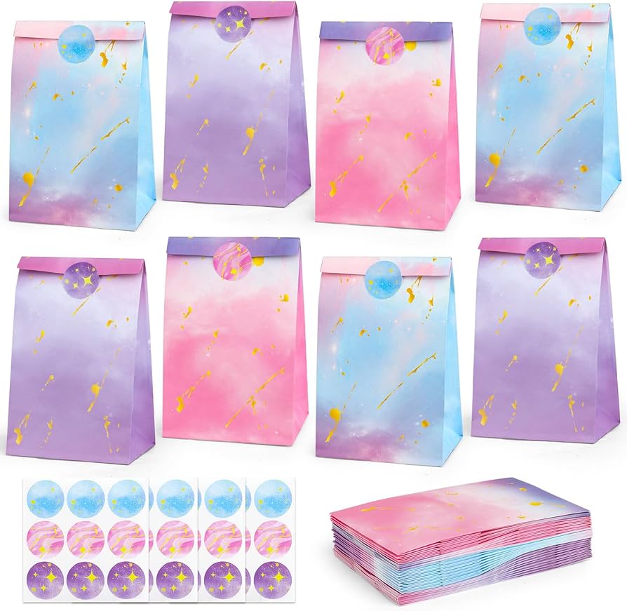HEJIN 30PCS Tie Dye Party Bags with Stickers, Pink and Purple Small Gift Bags, Mermaid Unicorn Birthday Party Favors Bags for Girls Goodie Bags for Kids Birthday Party, Baby Shower, Halloween, Wedding