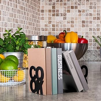 Hotop Cookbook Bookends Kitchen Decorative Metal Supports for Book-Rack Desk Kitchen Book Shelf Holder for Shelves Distinctive Appearance Design Book Ends Metal Supports(Black)