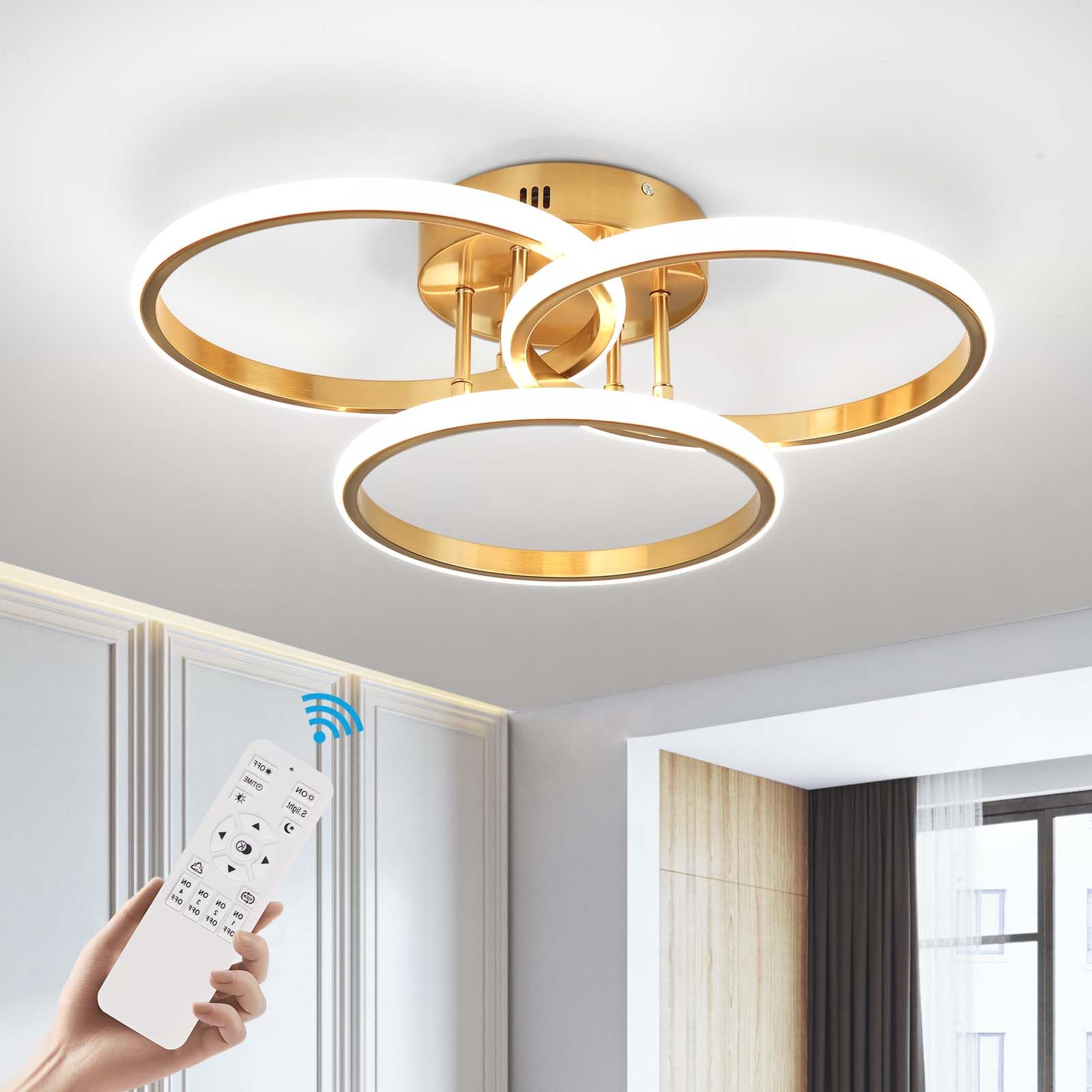 Modern Ceiling Light Fixture,3 Rings Dimmable Flush Mount Ceiling Light with Remote Control, Gold Close to Ceiling Lighting Fixtures for Bedroom Living Room Dining Room Kitchen Ceiling Lamp