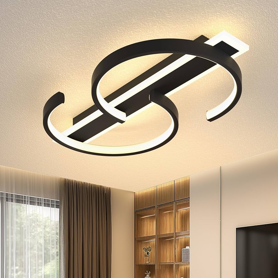 Modern Ceiling Light 19.68in 2 Rings Black Voice Control Bedroom Lights for Ceiling 3000-6000K LED Ceiling Light Fixtures Flush Mount Ceiling Lamps for Living Room Study Kitchen 45W