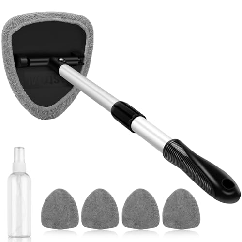 AstroAI Windshield Cleaner Tool, Car Interior Window Detailing Cleaning Kit with Extendable Handle and 4 Easy-to-Install Reusable Microfiber Pads, Auto Glass Wiper Brush Kit for Car&Home, Gray, 21in