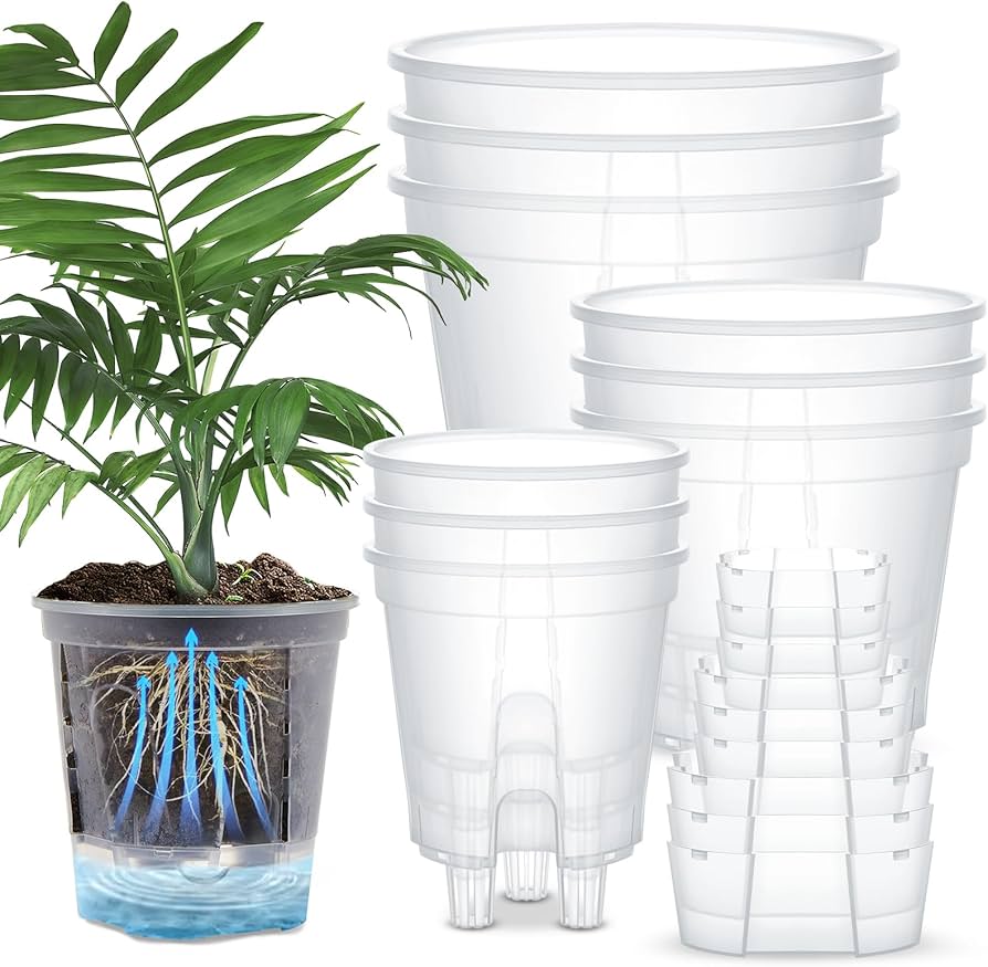 MIXC 12 Packs 5 Inch Self Watering Pots for Indoor Plants - Clear Nursery Plant Pots with Drainage, Deep Visible Reservoir - Flower Planter Outdoor with Wicking Rope