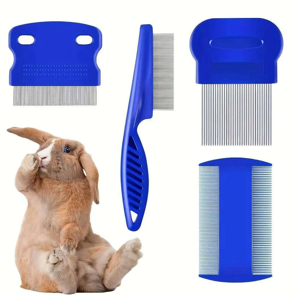 Pack of 4 Flea and Lice Combs, Stainless Steel Rabbit Dog Cat Grooming Comb with Round Teeth, Double-sided Professional Pet Tear