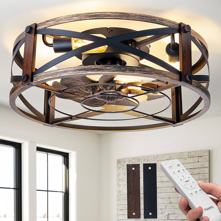Passky 20" Farmhouse Flush Mount Ceiling Fans with Lights and Remote, Industrial Black Caged Low Profile Fandelier, 6 Speeds Bladeless Ceiling Fan for Bedroom, Kitchen, Living Room