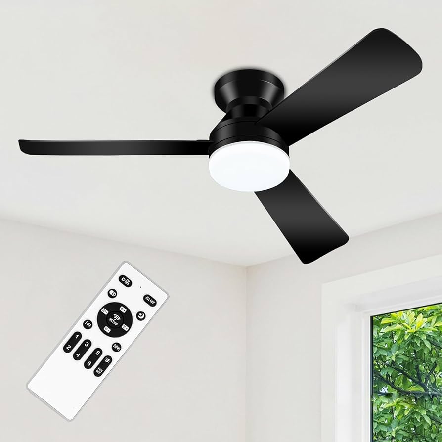 Ceiling Fans with Lights, 42 Inch Ceiling Fan with Light And Remote, 3CCT Flush Moun Low Profile Ceiling Fans, 6 Speed Noiseless LED Ceiling Fan, Black Ceilings Fan with Remote for Bedroom Living Room
