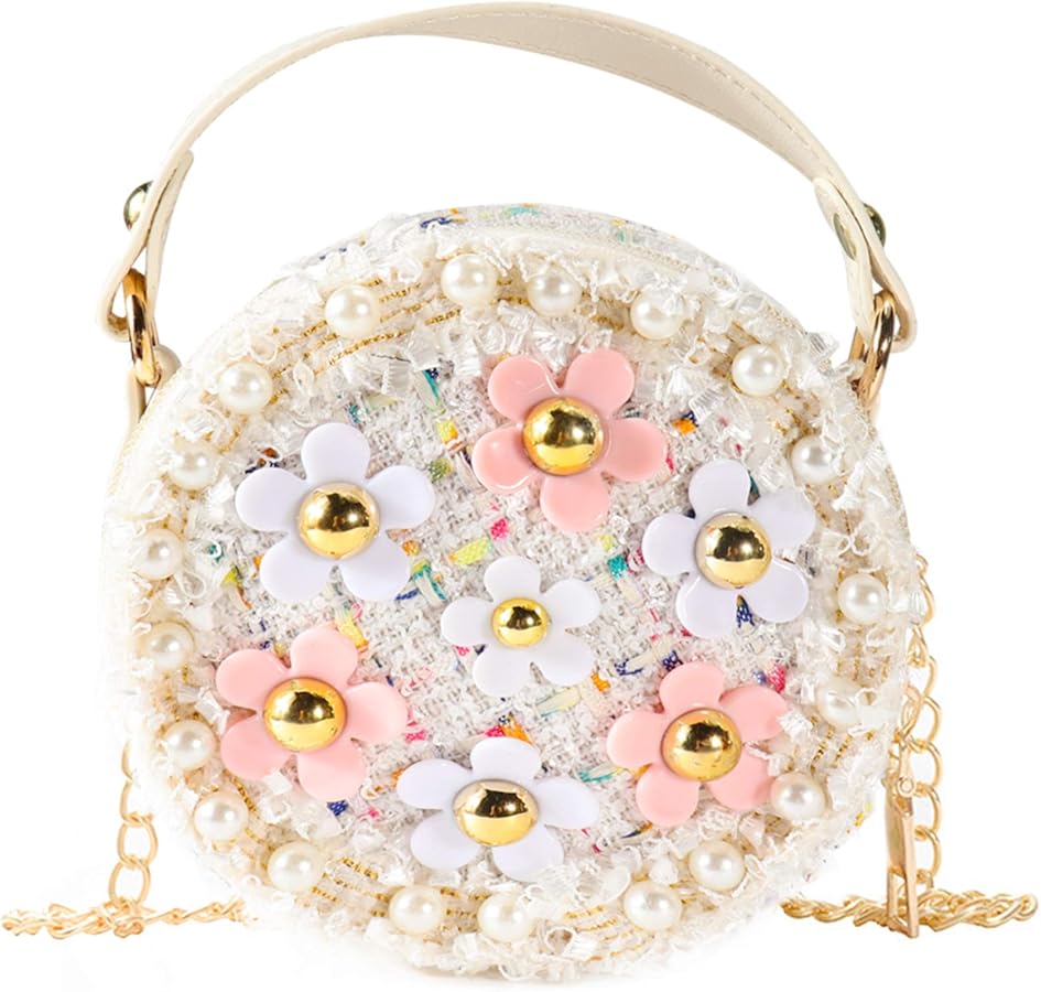 Forwe Little Girls Toddler Crossbody Purse with Pearl Flowers Mini Cute Princess Handbags Shoulder Chain Bag