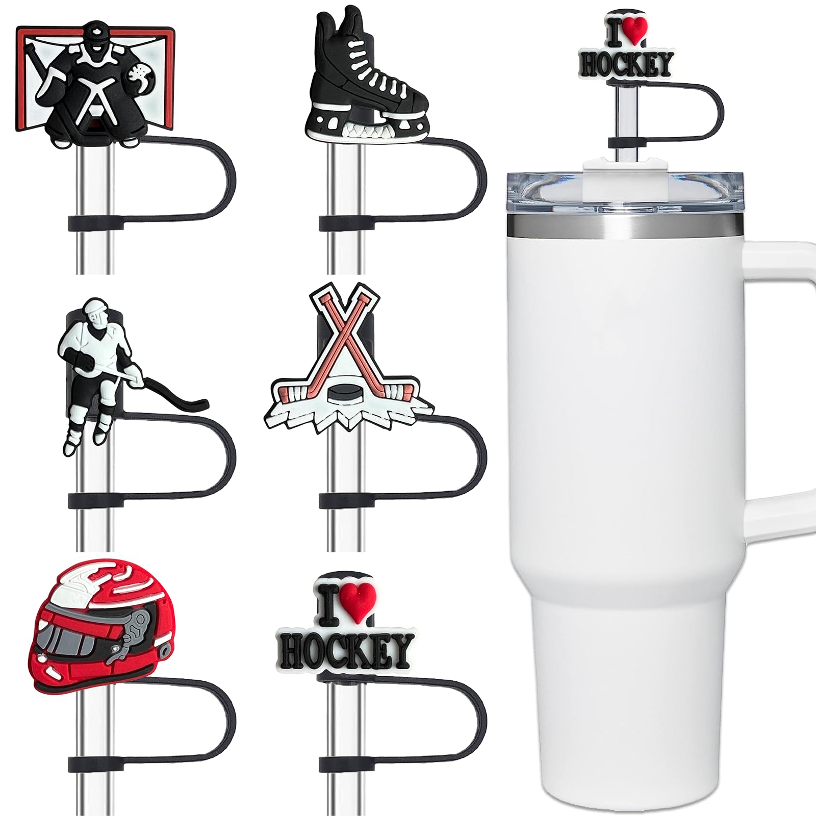Hockey Straw Cover for Stanley Cup, 6 PCS Silicone Straw Topper for 30/40oz Tumbler with Handle, Black Straw Cover Cap for 10mm Straw Accessories for Hockey Sports Lovers