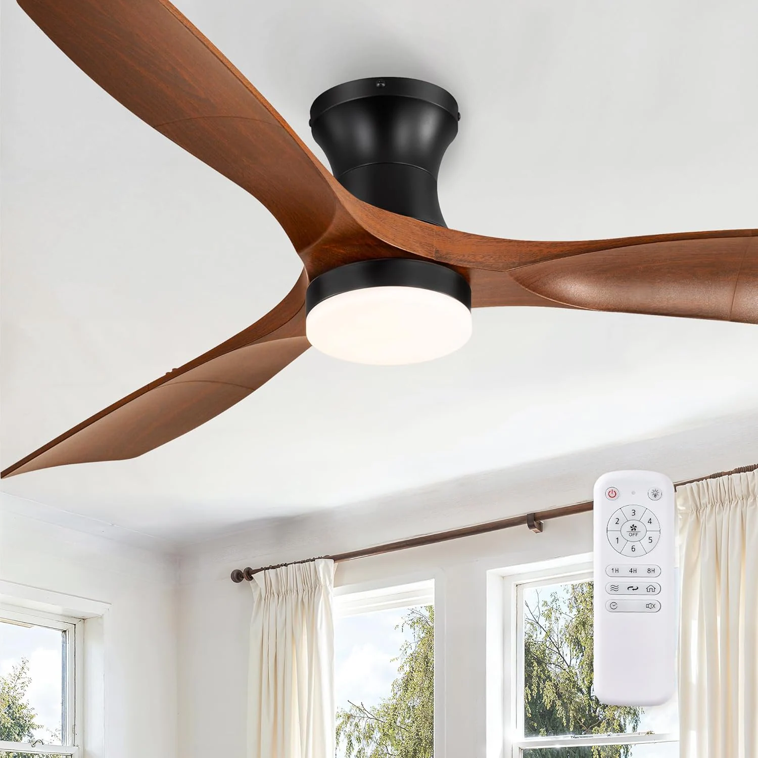 Fanbulous 52 Inch Ceiling Fans with Lights and Remote, 3 Blades Flush Mount Low Profile Ceiling fan, Efficient 3475 CFM, Safe ABS, Timer, Quiet 35dB, 3CCT, Reversible for Bedroom Living Room, Walnut