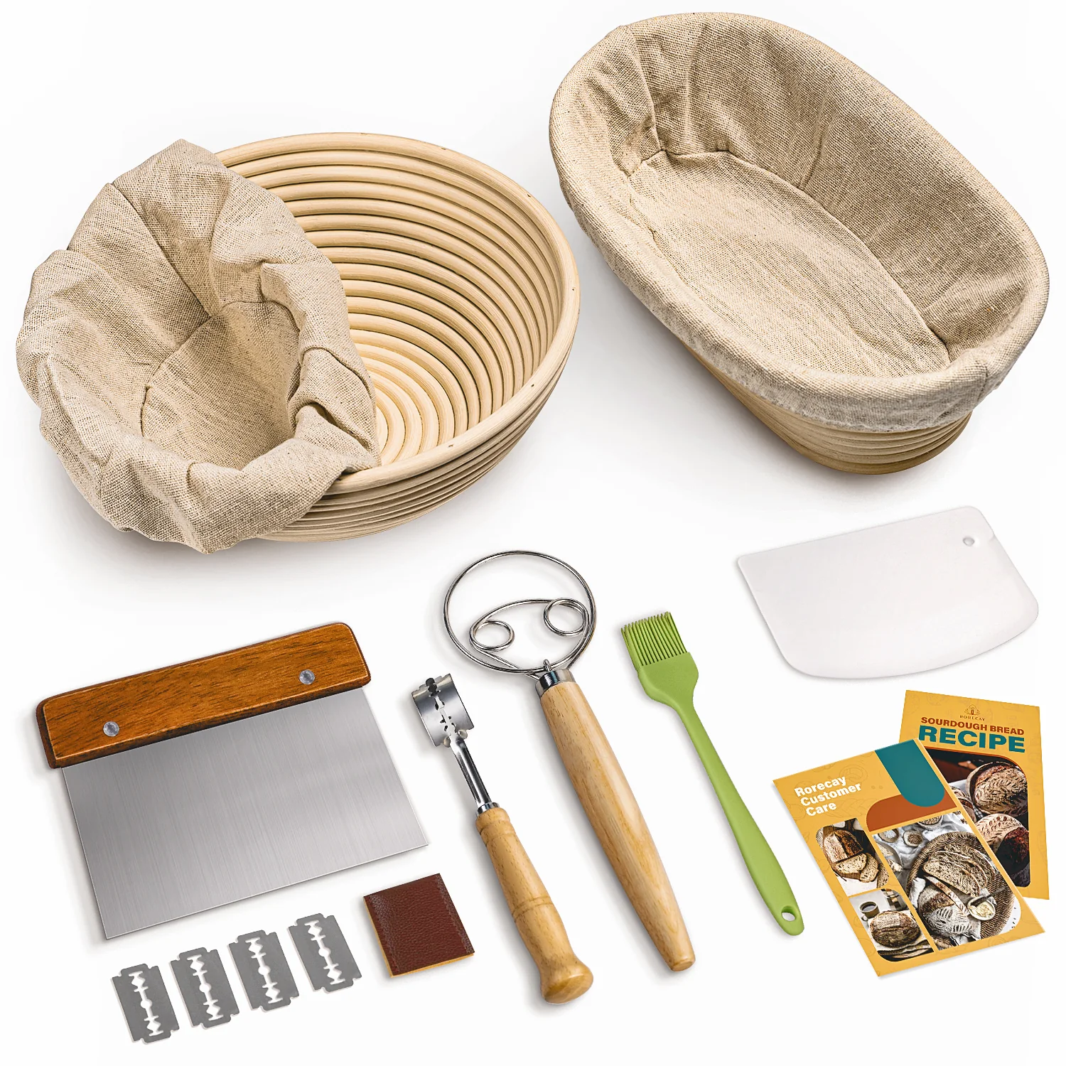 RORECAY Bread Banneton Proofing Basket Set, 9 Inch Round & 10 Inch Oval Cane Sourdough Baskets with Dough Whisk Lame Dough Scraper Bowl Scraper Silicone Brush Sourdough Bread Baking Supplies