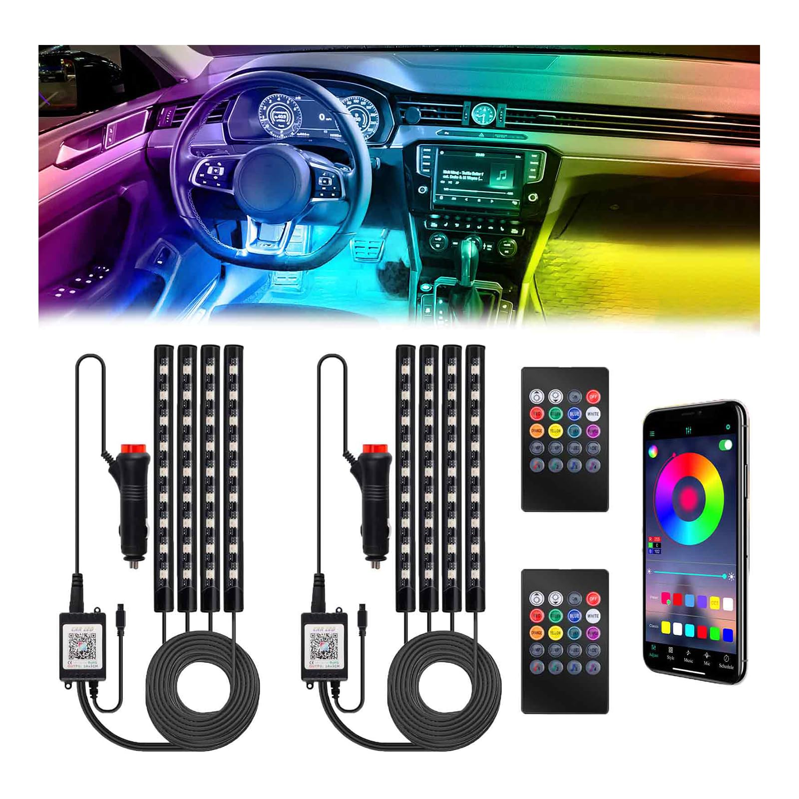 Car Interior LED Strip Lights 12V Ambient Lighting with App and Remote