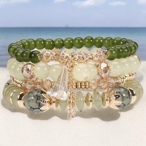 4Pcs Bohemia Multilayer Stackable Beaded Bracelets Set Colorful Crystal Stone Gold Beaded Stretch Bracelets Hawaii Charm Bracelet for Women Men Summer Beach Boho Vacation Jewelry Gifts