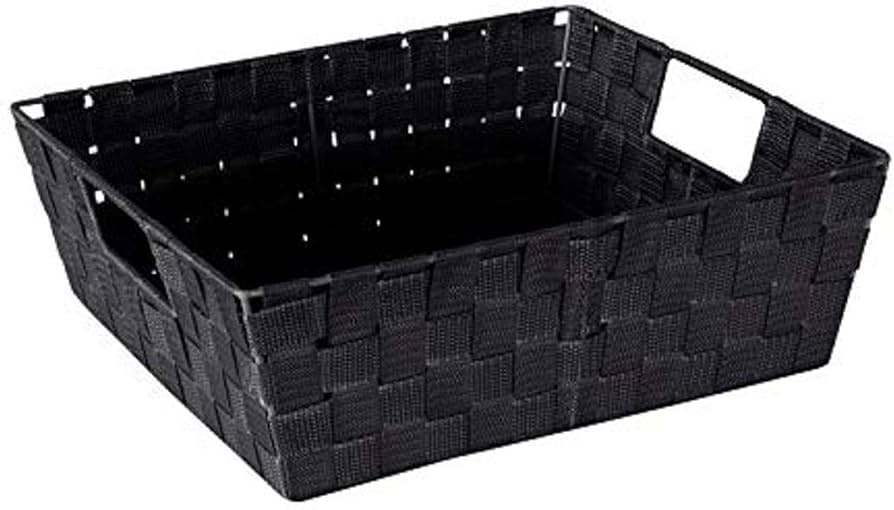 Simplify Large Shelf Woven Strap Tote | Decorative Storage Basket | Built in Handles | Organization | Closet | Bedroom | Bathroom | Nursery | Accessories | Toys | Gifts | 1 Pack | Black