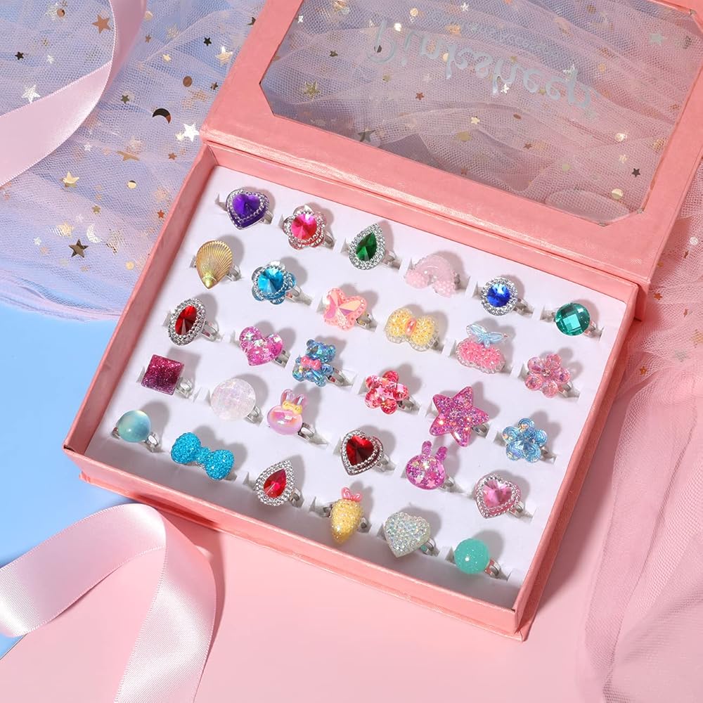 PinkSheep Little Girl Jewel Rings in Box, Adjustable, No Duplication, Girl Pretend Play and Dress Up Rings (24 Lovely Ring)