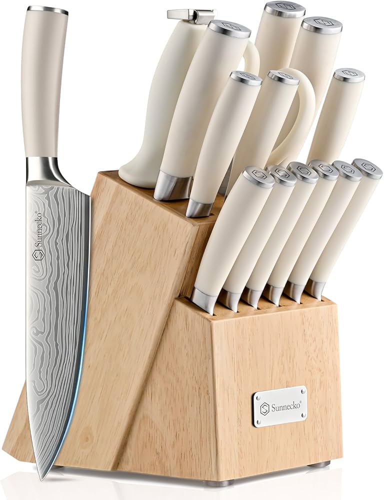 Sunnecko Knife Set with Block and Sharpener, 15 Piece Kitchen Knife Block Set Sharp Kitchen Knives High Carbon Stainless Steel with White Handles