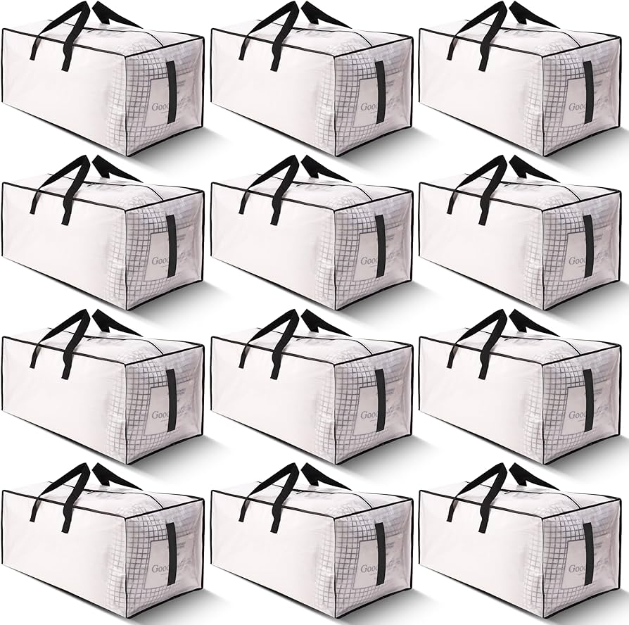 8 Pack Large Strong Moving Bags with Zippers & Carrying Handles - Water-Resistant - Heavy Duty Storage Tote for Space Saving, Fold Flat, Alternative to Moving Box (Semi-Transparent)