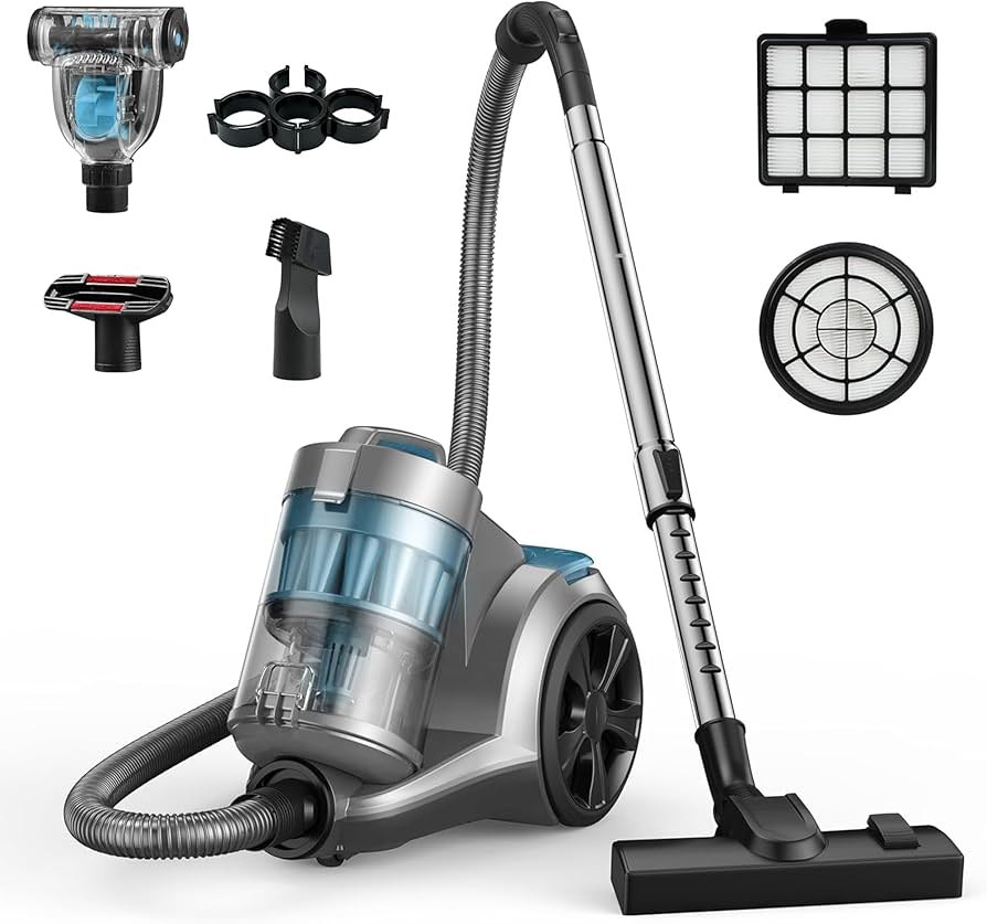 Aspiron 1700W Canister Vacuum Cleaner, 45Kpa Bagless Vacuum Cleaner, Multi-Cyclonic Filtration, 2 Anti-Allergen HEPA Filters, 3.5QT Dust Cup, 4 Tools, Corded Vacuum for Hard Floor, Pet Hair, Cerulean