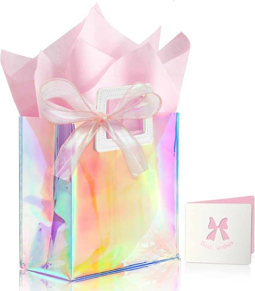 KeerxunBag 1 Pack Holographic Gift Bags with Handles & 2 Tissue Paper Sheets – Iridescent Transparent Reusable Bags for Women, Girls, Birthdays, Weddings，Pink Gift Bag