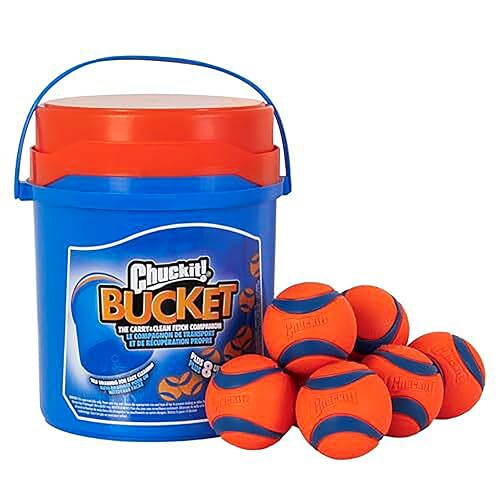 Chuckit! Ultra Ball Dog Toy with Chuckit! Cleaning Bucket, Bouncy Fetch Pet Toys For Dogs 20-60 lbs, Interactive Dog Toys, Durable Rubber, Size Medium, 2.5-inch Diameter, 8-Pack of Balls