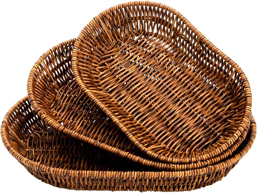 Hedume Set of 3 Wicker Baskets, Bread Baskets Sets, Tabletop Food Serving Baskets Trays, Handwoven Storage Basket Bin, Fruit Vegetables Sundries Storage Basket for Home, Restaurant, Bakery