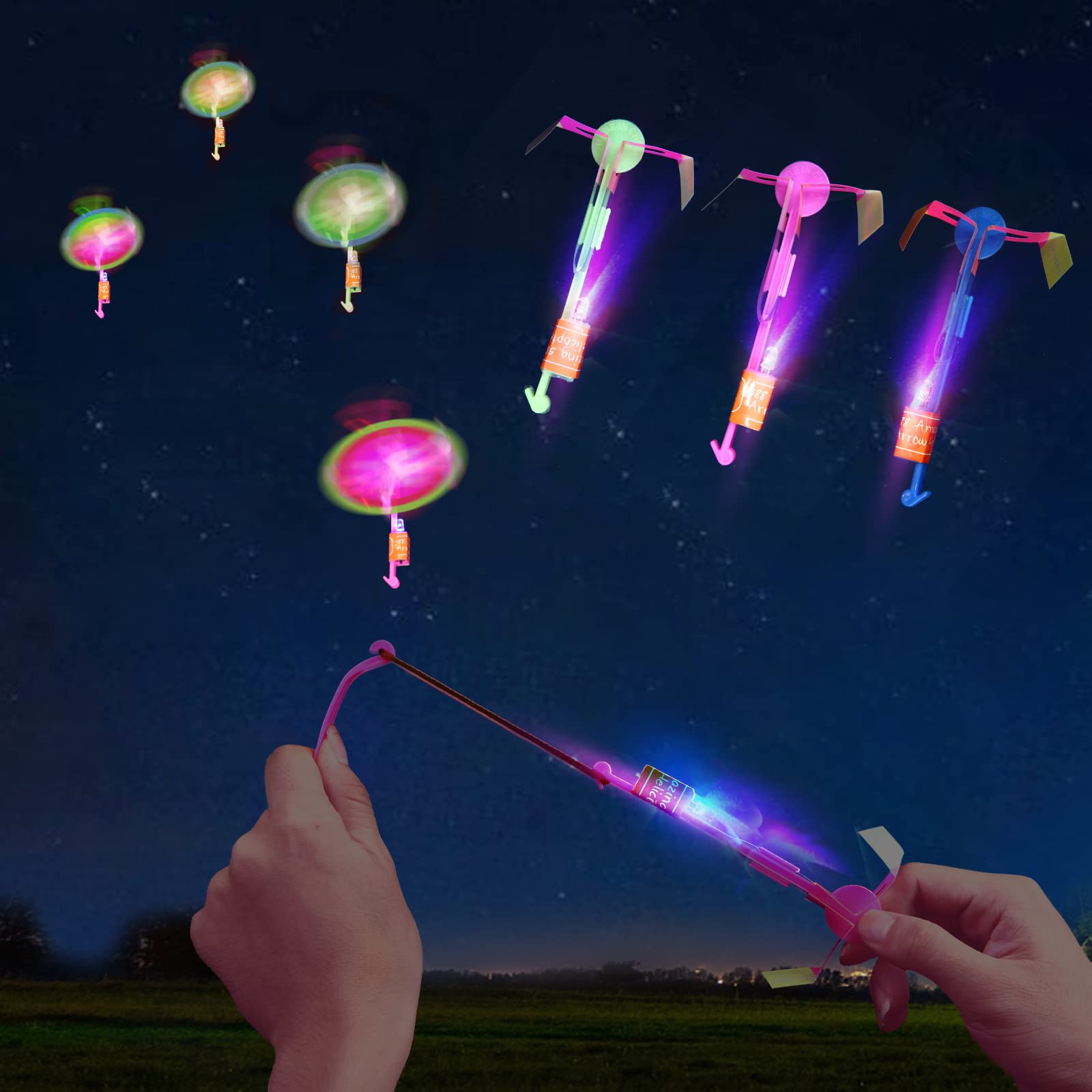 50 Pcs LED Flying Helicopter Slingshot Toys Glow Helicopter Toys