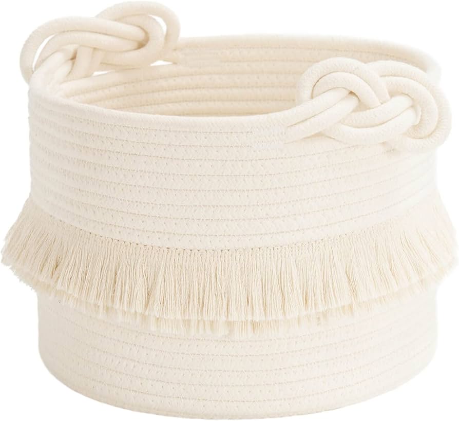 CherryNow Small Woven Storage Baskets, 9.5'' x 7'' inches Cotton Rope Decorative Hamper for Diaper, Blankets, Magazine and Keys, Cute Tassel Nursery Decor - Home Storage Container, Off-white