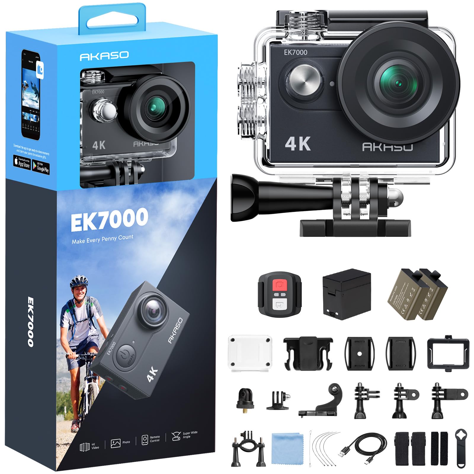AKASO EK7000 4K30FPS 20MP WiFi Action Camera with EIS Ultra HD 131FT Waterproof Underwater Camera Remote Control 4X Zoom Support External Microphone Black