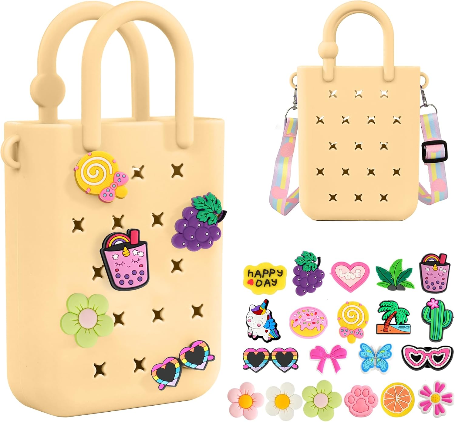 Silicone Small Rubber Beach Bag with 20 Charms, Hole Handbag With Adjustable Shoulder Strap, Girls and Woman