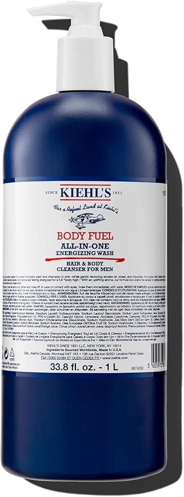 Kiehl's Body Fuel All-in-One Energizing Body Wash & Shampoo for Men, with Menthol, Caffeine, Vitamin E & Vitamin C, Gently Removes Excess Oil, Sweat & Impurities, for Men's Skin and Hair