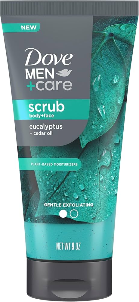 DOVE MEN + CARE Body and Face Scrub Eucalyptus Deeply Exfoliates for Hydrated & Nourished Skin 100% Gentle Cleanser, No Sulfate Cleansers or Parabens 9 oz