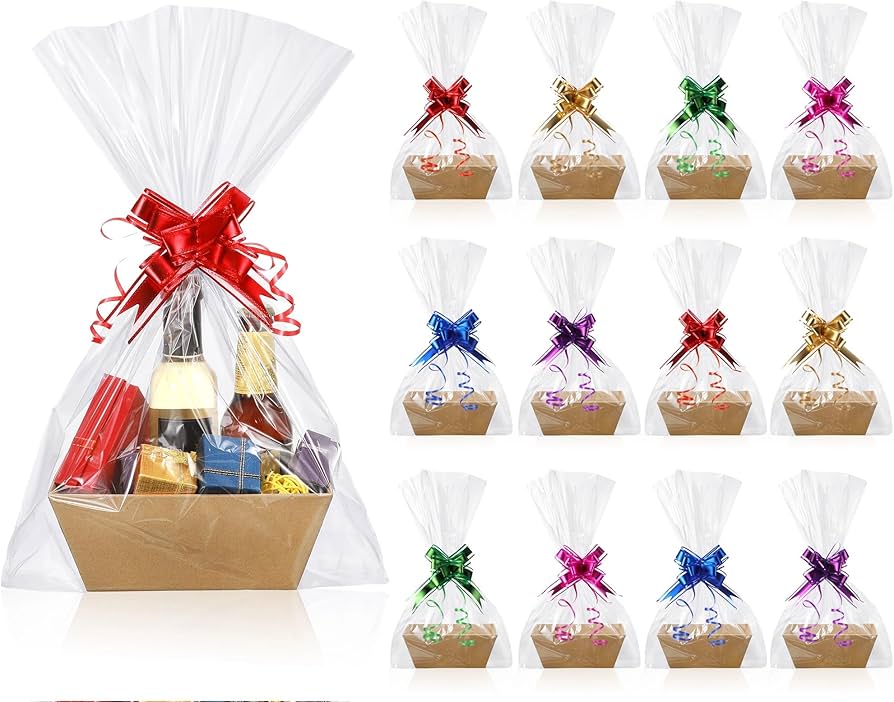 Canlierr 50 Pcs Baskets for Gifts Empty Set 12 Pcs 10 x 7 x 3 Thick Kraft Market Tray Small Gift Baskets 18 Clear Gift Bags 20 Pull Bows for Valentine's Easter Wedding DIY Wrapping(8 x 6 x 3 Inches)