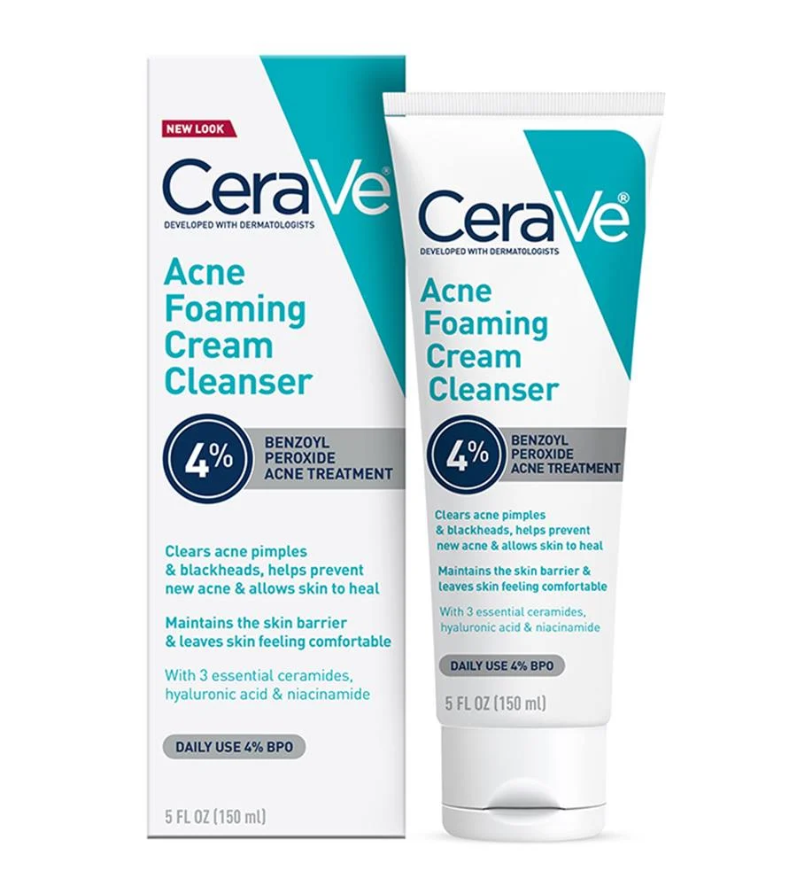 CeraVe Acne Foaming Cream Cleanser, 4% Benzoyl Peroxide Face Wash With Hyaluronic Acid, Niacinamide & Ceramides, Gentle Daily Acne Treatment For Face