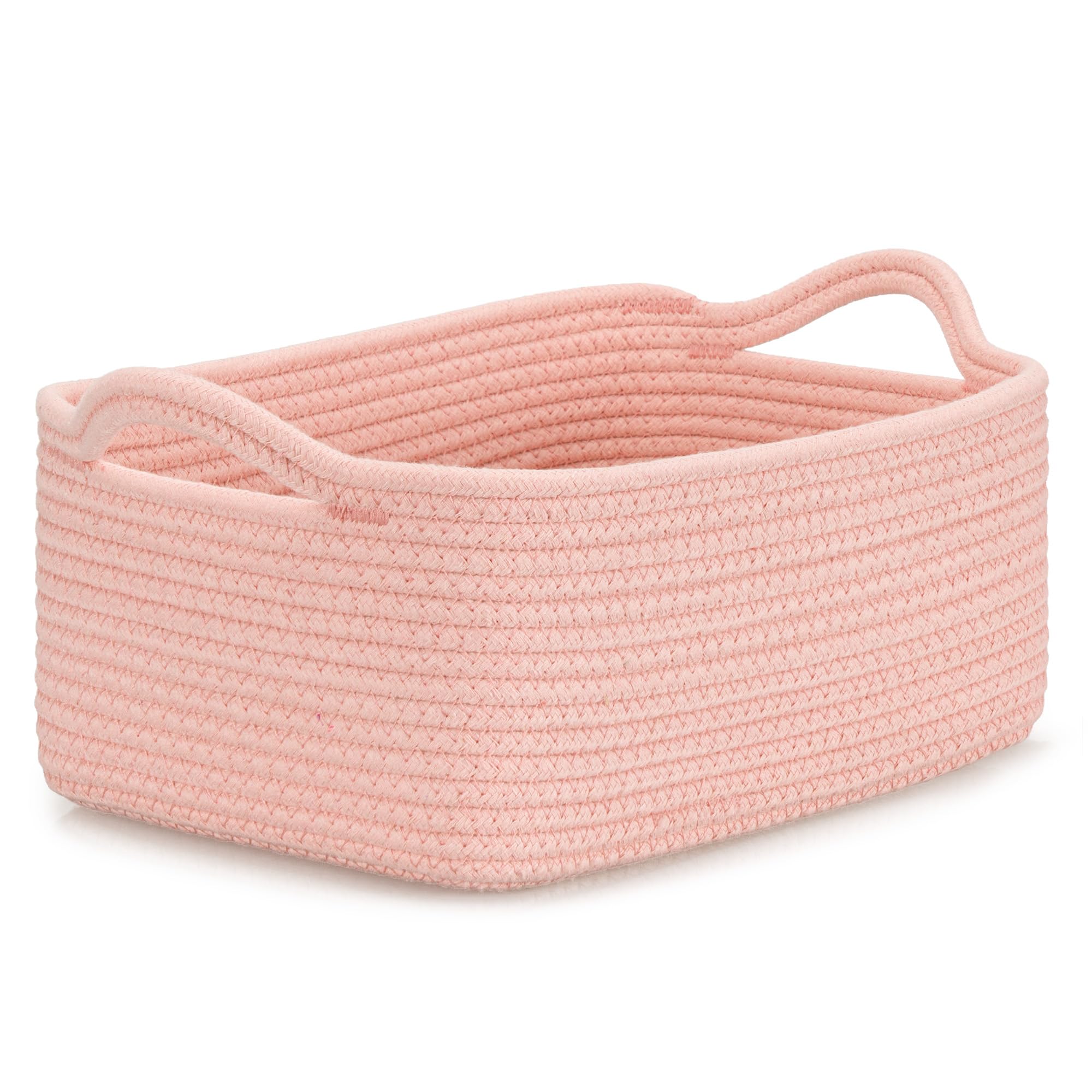 CLHMILY&Z Small Cube Storage Baskets, Decorative Woven Cotton Rope Baskets with Handles for Organizing, Shelf, Closet, Nursery, Bathroom, Toy Organizer Bins (1, Pink, 11.4 x 7.5 x 4.7)