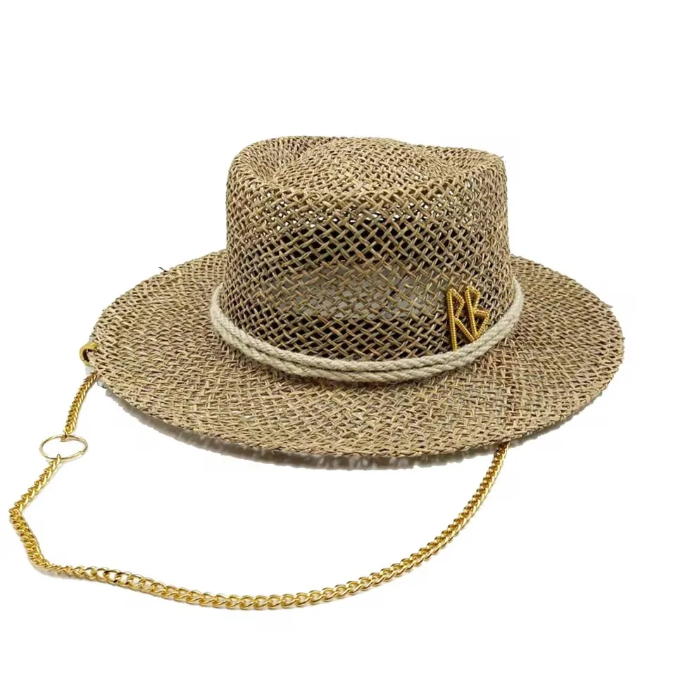 Womens Straw Hat Wide Brim Beach Sun Hat with Metal Chain Letter Openwork Design Elegant Summer Cap for Women Fashion Holiday