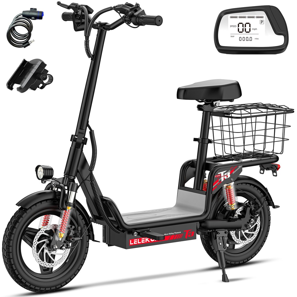 500W Rated Power (Peak 740W) Electric Scooter for Adults, Equipped with a Seat, 48V 10-15Ah Lithium Battery, Capable of Traveling 10-35 Miles, Maximum Speed of 20 Miles Per Hour, Foldable Design, Features 10 Shock Absorption